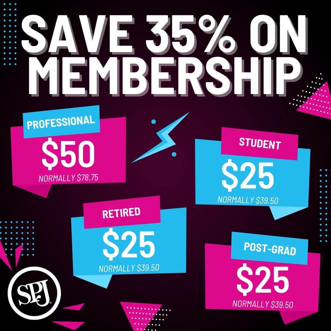 Planning to attend #SPJ23? SPJ members get $200 off the cost of registration. And if you join before Sept. 6, you can take advantage of the early-bird pricing! If you’re not a member yet, you can join now for just $50 through Oct. 1. spj.org/new-member-dis…