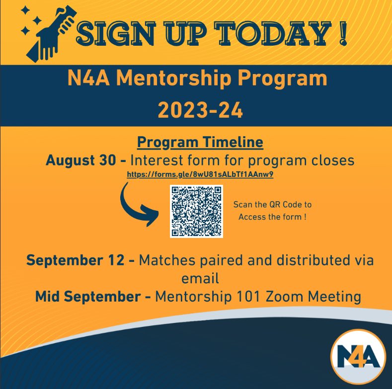 🚨 Looking for a mentor or mentee? 🚨

The 23-24 Mentorship Program is now open for signups! 🤩

You can access the link through the N4A listserv. If you have any questions, please reach out to <a href="/taja_dotson/">Taja Dotson</a> or <a href="/ADaviesSports/">Adam Davies</a>!