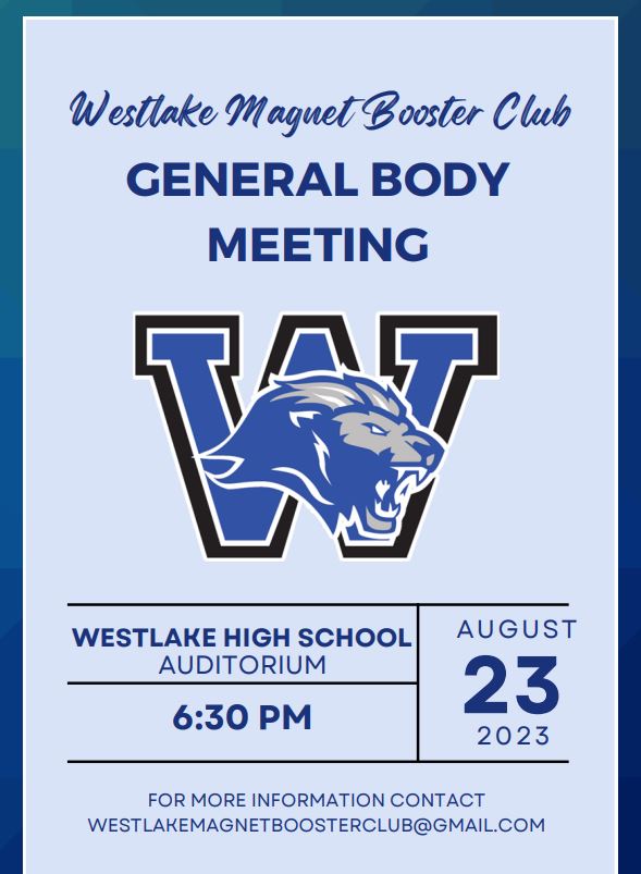 The Westlake Magnet Booster Club is hosting its August General Body Meeting this Wednesday. #StructuredToWin #OneWestlake #WestlakeMagnet #WMBC