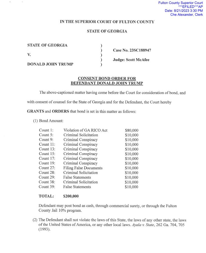 gringsam's tweet photo. Former President Donald Trump's bond has been set at $200,000.

He will need to voluntarily surrender for processing by the end of this week at the Fulton County Jail. https://t.co/w8RE0qfyFS