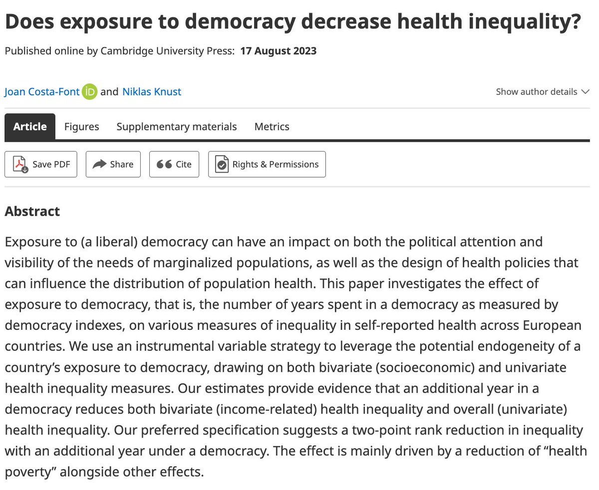A new interesting article by Joan Costa-Font and Niklas Knust is now available on our FirstView page. It is entitled 'Does exposure to democracy decrease health inequality?'. Enjoy it here: t.ly/etNVt @JPublicPolicy @PSUPublicPolicy @PSUresearch @PSULiberalArts