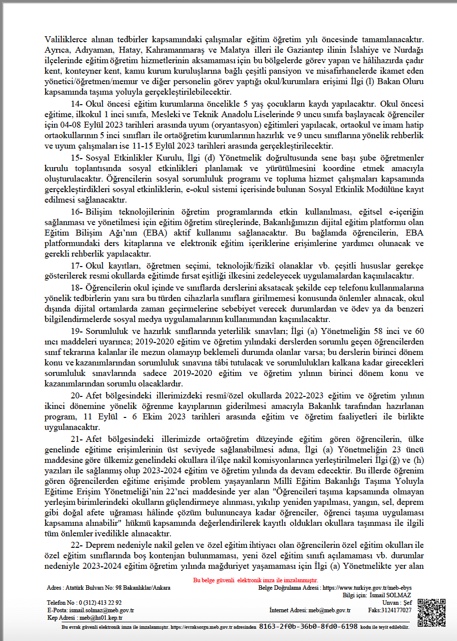 MetinOzdamarlar's tweet photo. Millî Eğitim Bakanlığı, bugün itibariyle (21 Ağustos) “2023-2024 Eğitim ve Öğretim Yılına İlişkin İş ve İşlemler” genelgesi yayımladı.  Genelgede  öne çıkan başlıklar özetle şöyle:

·  Öğrencilere yönelik okul içi ve okul dışı sosyal sorumluluk projeleri ve geziler teşvik edilecek.
·  Öğrencilerin güne dinç, neşeli, zinde başlaması ve sağlıklı yaşam için alışkanlıklar edinmesi için okul girişi törenlerde kültür-fizik hareketleri yapılacak.
·  Obezite ve dijital bağımlılığa karşı tedbir mahiyetinde öğrencilerin tabii ortamlarda arkadaşlarıyla gönüllülük ve sosyal sorumluluk programları ile mânevî, ahlâkî ve insânî değerleri içselleştirerek çok yönlü yetiştirilmesi için okul içi ve okul dışı çalışmalar yürütülecek.
·  Velilerin ziyaretleri planlı olacak ve toplantı dışında velilerin okulda bulunmaları önlenecek.
·  Okullarda öğretmen seçimi yapılmayacak.
· Öğretmenlerin derse önlükle girmesi teşvik edilecek.
·  Zorunlu olmadıkça okul kıyafetleri yenilenmeyecek.
·  Öğrencilerin okul içinde ve sınıflarda derslerini aksatacak şekilde cep telefonu kullanmalarına yönelik tedbirler alınacak.
·  Ödev ya da benzeri bilgilendirmelerde sosyal medya uygulamaları kullanılmayacak.
·  Öğrencilere dağıtımı yapılan ders kitapları ve yardımcı kaynakların  temiz ve düzenli kullanılması teşvik edilecek, sıfır atık projesi kapsamında yıl sonunda okullara teslim edilmesine yönelik tedbirler alınacak.