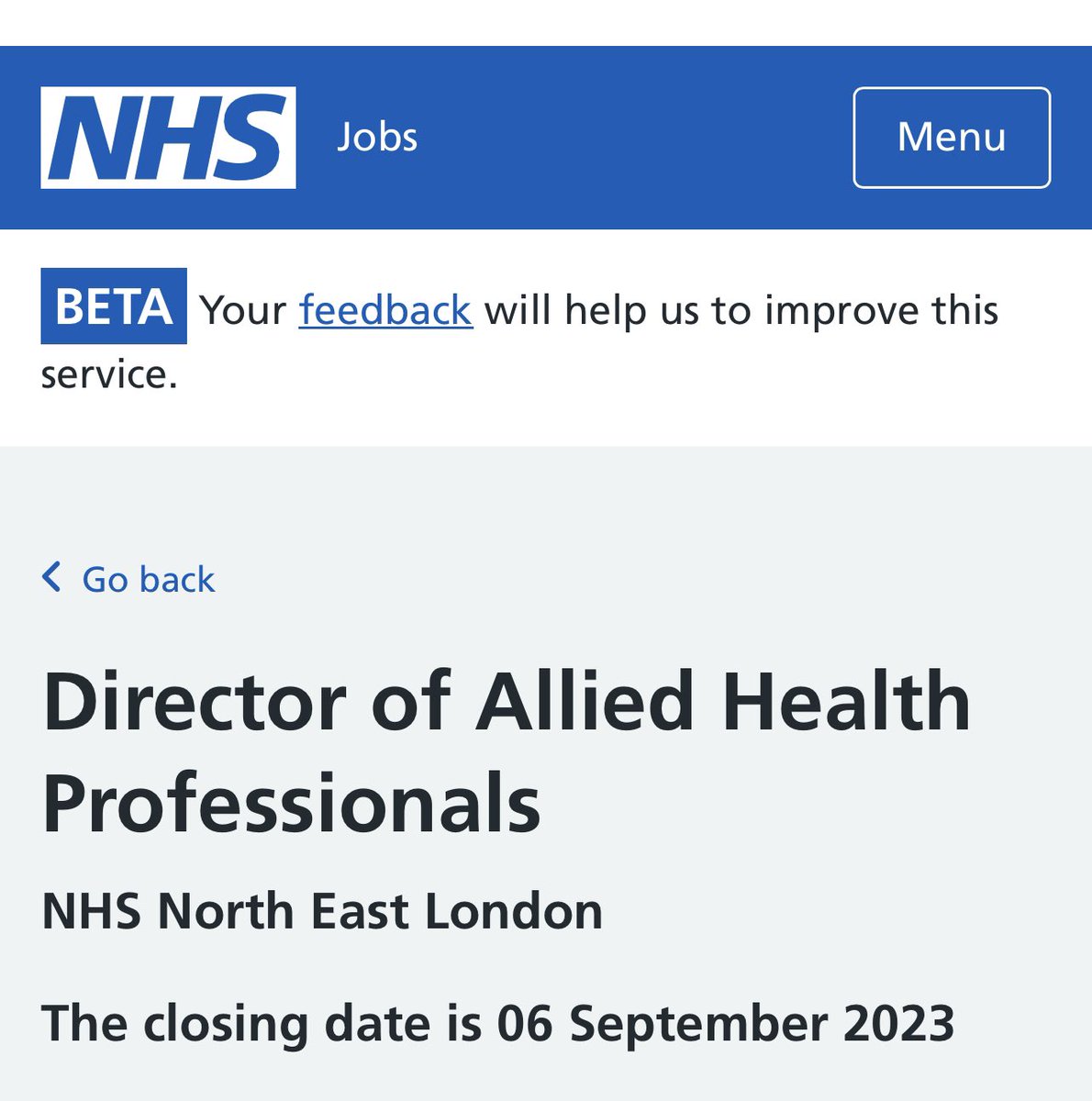 Suzanne Rastrick (@suzannerastrick) on Twitter photo 🚨An exciting 1st for London, new system level senior leadership post
📑<a href="/NHS_NELondon/">NHS North East London</a> Chief #AHP
📑AfC B9 £107,637 - 122,695 p.a. inc. HCAS, F/T, permanent
⏰Closing 6.9.2023
👀Details 👉jobs.nhs.uk/candidate/joba…
<a href="/WeAHPs/">WeAHPs 💙</a> <a href="/londonahps/">@LondonAHPs</a> @PhilippaWrigh15 <a href="/Moosie67Laura/">Laura Leadsford</a> 🚨An exciting 1st for London, new system level senior leadership post
📑<a href="/NHS_NELondon/">NHS North East London</a> Chief #AHP
📑AfC B9 £107,637 - 122,695 p.a. inc. HCAS, F/T, permanent
⏰Closing 6.9.2023
👀Details 👉jobs.nhs.uk/candidate/joba…
<a href="/WeAHPs/">WeAHPs 💙</a> <a href="/londonahps/">@LondonAHPs</a> @PhilippaWrigh15 <a href="/Moosie67Laura/">Laura Leadsford</a>