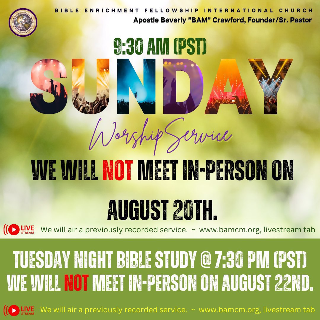 DrBAMCrawford's tweet photo. 🙏🏾❤️ Please see updated info regarding upcoming services. https://t.co/0ljNkhuWcv #SundayWorshipService #TuesdayNightBibleStudy #BEFIC https://t.co/TMTI7Ri3oi