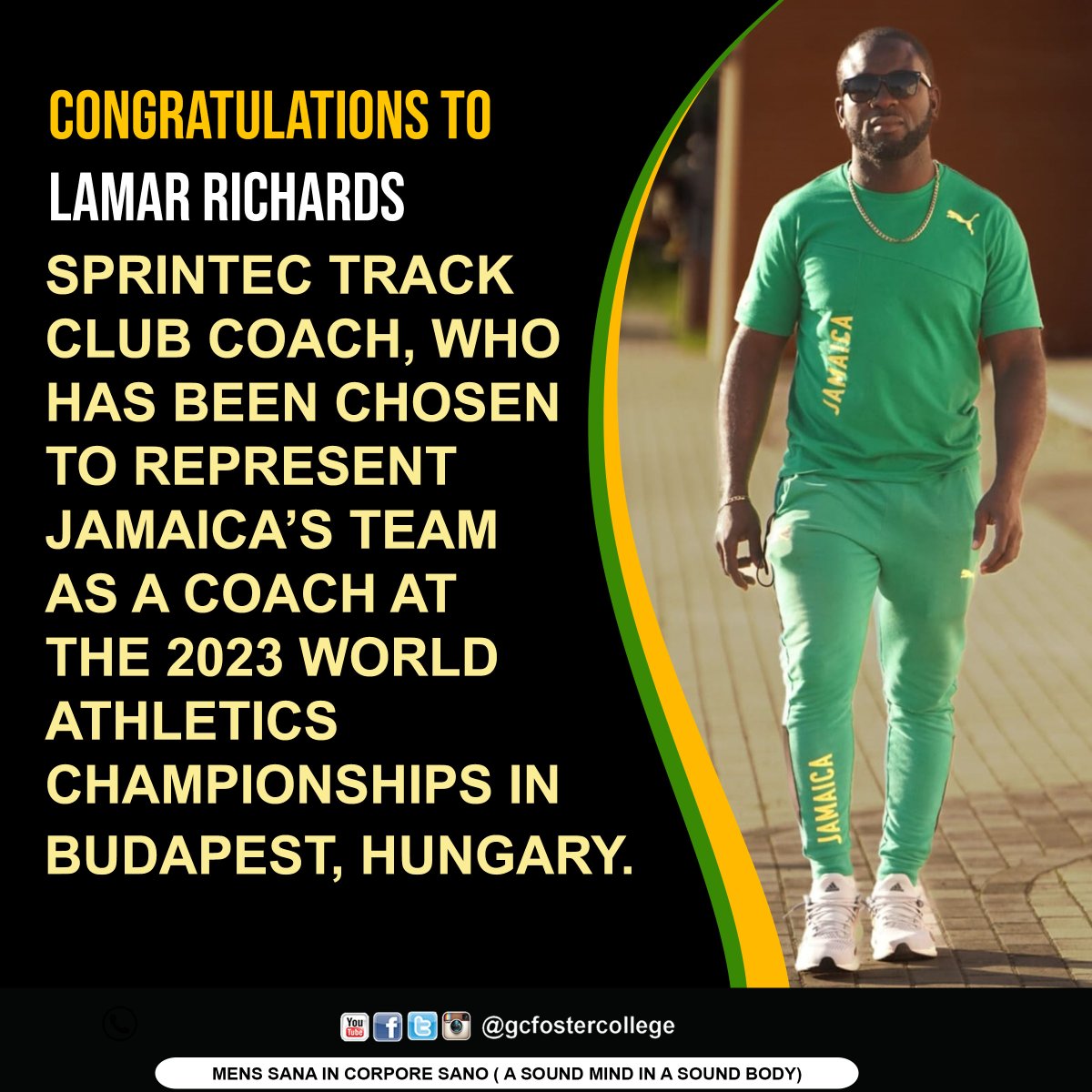 GCFOSTERCOLLEGE's tweet photo. Congratulations to Lamar Richards, Sprintec Track Club Coach, who has been chosen to represent Jamaica’s team as a coach at the 2023 World Athletics Championships in Budapest, Hungary. https://t.co/V7P8evqrfx