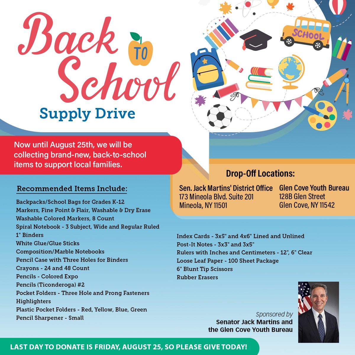 Our Back to School Supply Drive is still going with only 2 weeks to go! Save our Students! Join my effort to support our local students and help prepare them for the new school year!

#backtoschool #schoolsupplydrive #StudentSuccess
