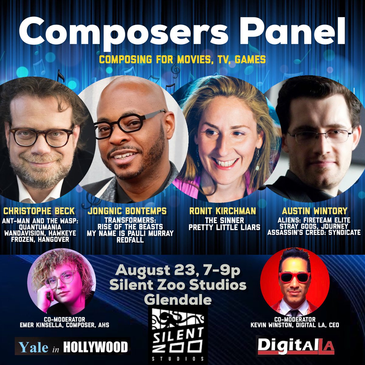 Attend our Composers panel where award-winning composers of films, TV, and games will share their insights, experience and advice on Aug 23, 7p at Silent Zoo Studios in Glendale. Speakers: <a href="/CBeckOfficial/">Christophe Beck</a> <a href="/jongnic/">Jongnic Bontemps</a> <a href="/RonitTweets/">Ronit Kirchman</a> <a href="/awintory/">Austin Wintory</a> <a href="/EmersionM/">Emer Kinsella</a> 

RSVP
Dlacomposers.eventbrite.com