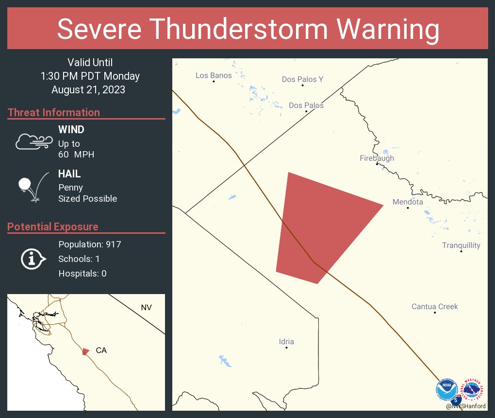 NWSHanford's tweet photo. Severe Thunderstorm Warning including Fresno County, CA until 1:30 PM PDT https://t.co/yrJC2tm10f