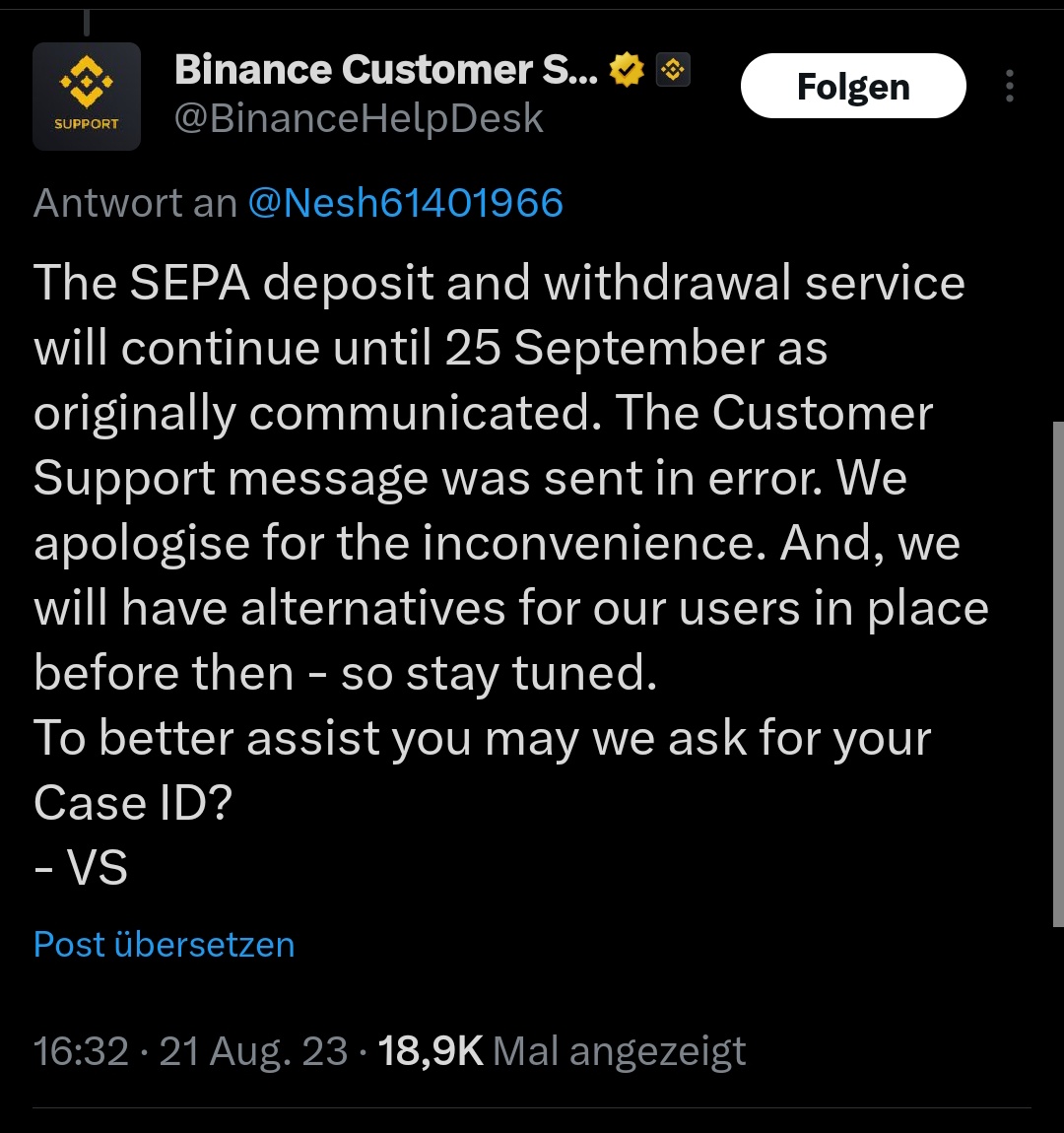 🚨Update:🚨 After the initial post by @Nesh61401966 about not being able to redraw money - Binance told him, they are not able to use SEPA(1) - 5 hours ago and after +45k views on my tweet, they wrote something way different (2).🚩 Don't trust #binance! twitter.com/Nesh61401966/s…