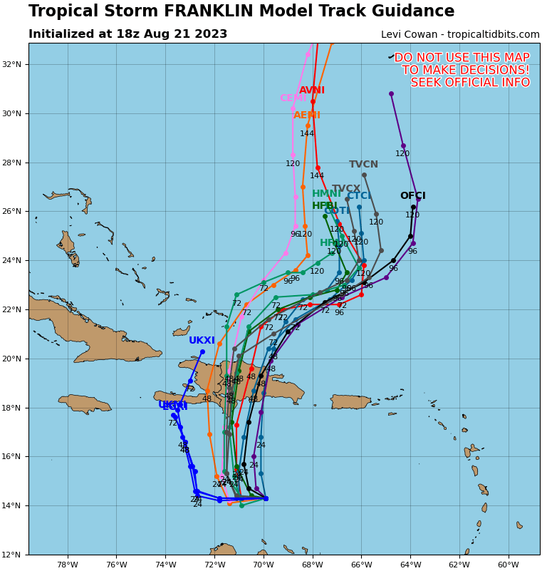 JohnMoralesTV's tweet photo. Seis horas más tarde y las corridas más recientes de los modelos de pronóstico muestran mayor consenso en cuanto a una ruta preocupante para República Dominicana. Nótese la posición inicial del centro más al sur que esta mañana, reportada por el avión caza. (via @TropicalTidbits) https://t.co/m5BNUmwUz6
