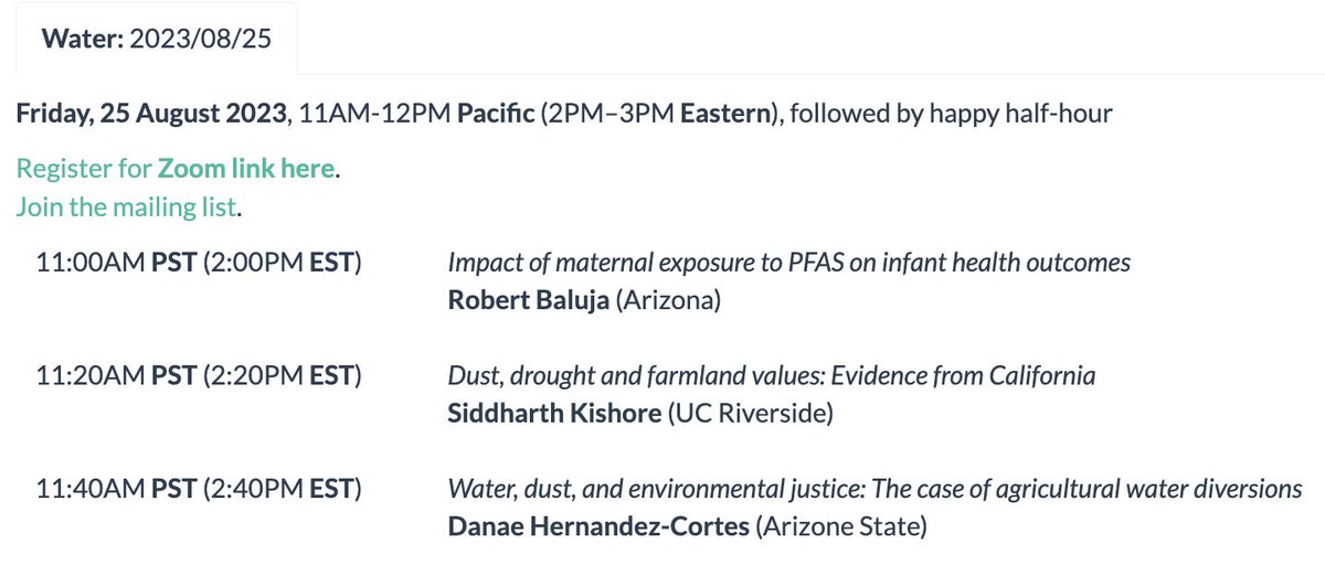 AERE@OSWEET returns Friday (8/25, 11am PST) with 3 terrific #water talks! 💧Robert Baluja @RobertBaluja 💧Siddharth Kishore @siddharthkish 💧Danae Hernandez-Cortes @danaehernandezc Register: zoomto.me/gN5gn More: edrub.in #EconTwitter #AgEcon @AereOrg