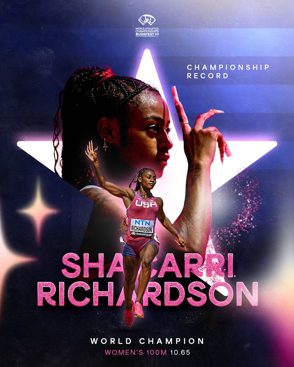 CHAMPIONSHIP RECORD 🇺🇸's Sha'Carri Richardson storms to golden 100m glory in 10.65 🤯 #WorldAthleticsChamps