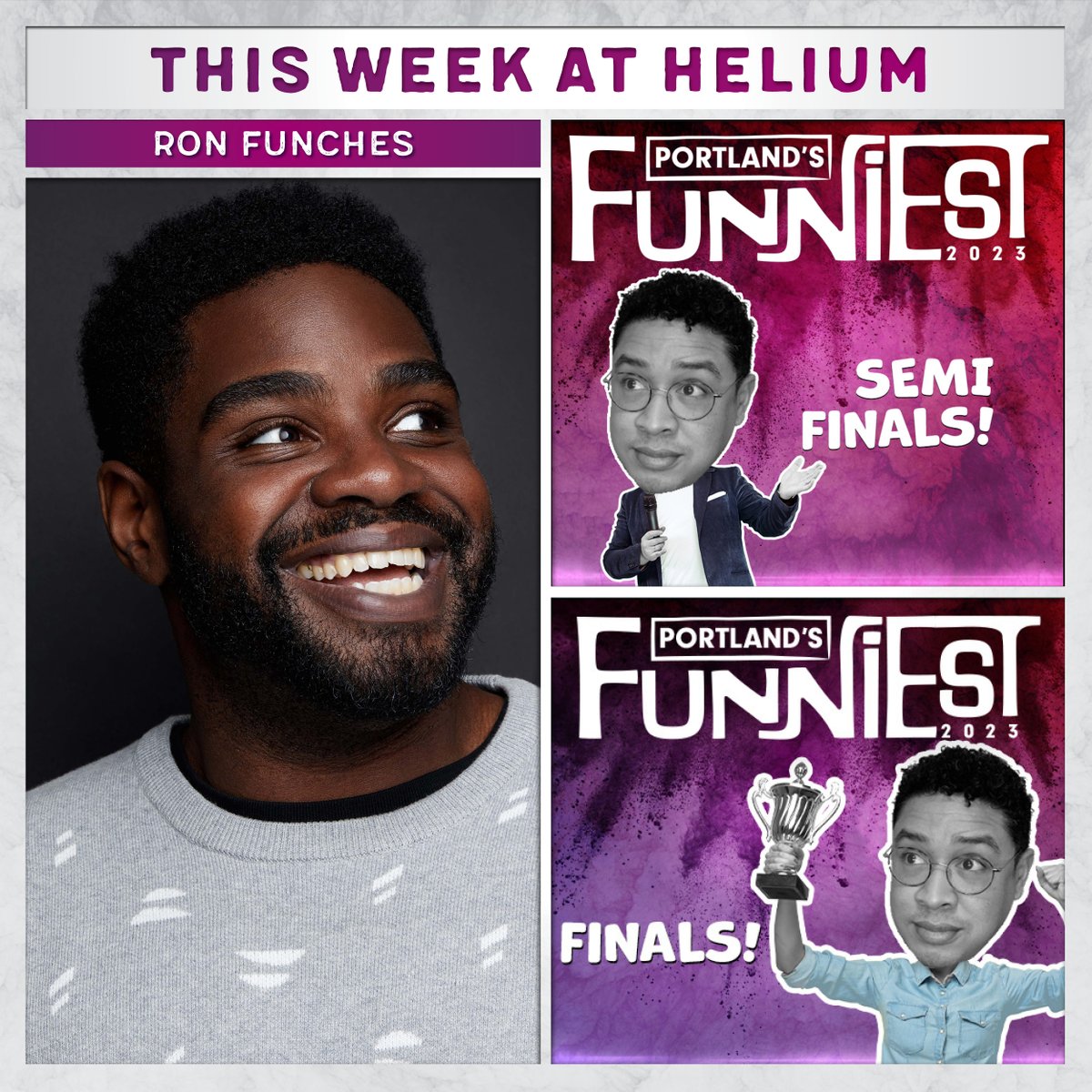 This Week at Helium | Funniest Semi-finals + Finals, + @RonFunches headlines the weekend! 
Get your tickets here: bit.ly/2Cw2wci
