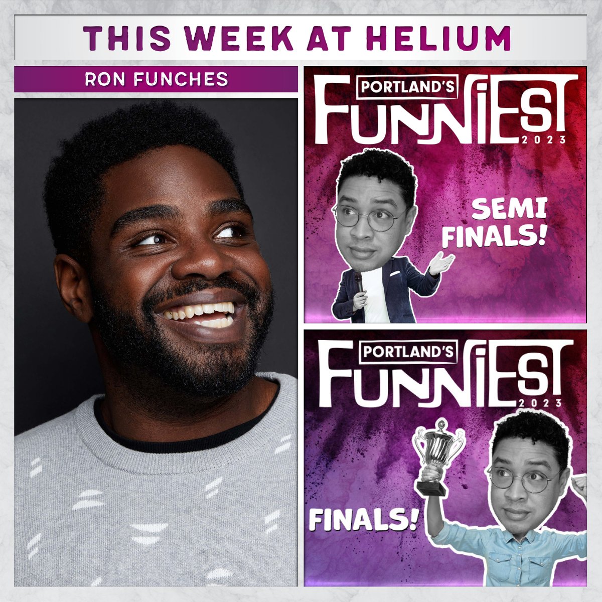 HeliumComedyPdx's tweet photo. This Week at Helium | Funniest Semi-finals + Finals, + @RonFunches headlines the weekend! 
Get your tickets here: https://t.co/zuwU6OCG02 https://t.co/DyjMkG3Wvc