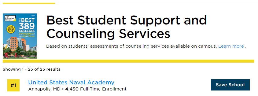 Congrats to our partners at <a href="/NavalAcademy/">U.S. Naval Academy</a> for leading the way in student support and counseling services! princetonreview.com/college-rankin…