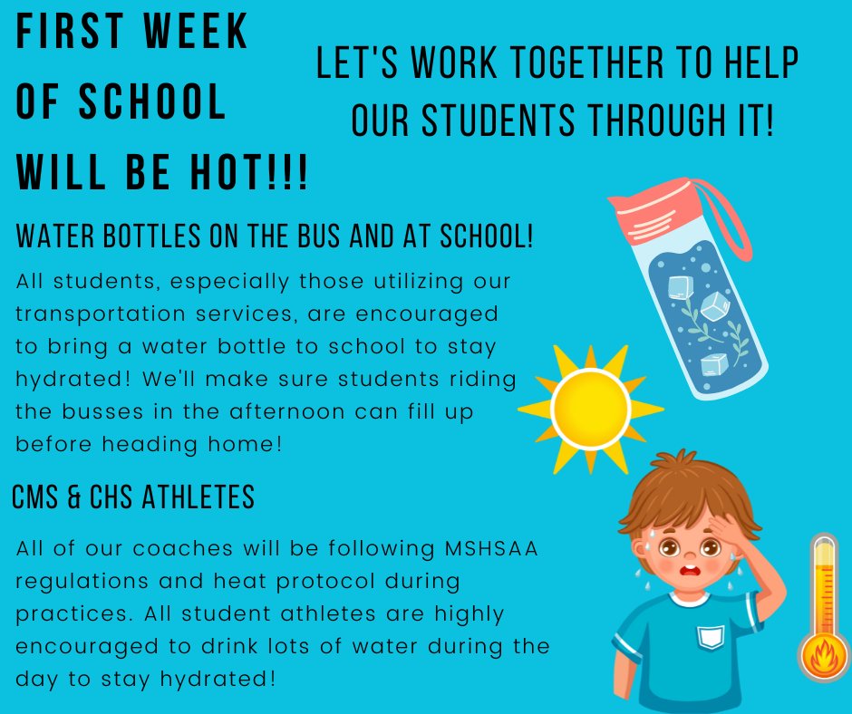dewey_school's tweet photo. Good afternoon, everyone! Looks like the first few days of school are going to be super hot! All students are encouraged to bring water bottles - especially athletes and students who ride our busses! https://t.co/GVClfu0twA