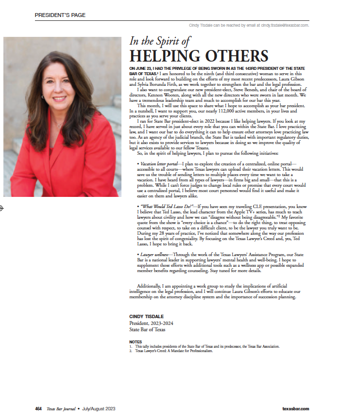 statebaroftexas's tweet photo. In the July/August issue of the Texas Bar Journal, State Bar President Cindy Tisdale discusses the initiatives she intends to pursue during her presidential term.

Read the full President’s Page here: https://t.co/as1i6GWveg

#LegalReads #TexasBarJournal https://t.co/xAovrRV2t9