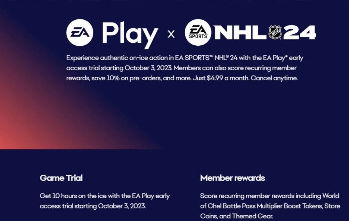 chelhub_'s tweet photo. #NHL24 10 Hour Trial confirmed for using EA play Starts on October 3rd, the same day as the X-factor editions early access. Everything from the trial will transfer over to the full game https://t.co/yDiOMr22vo