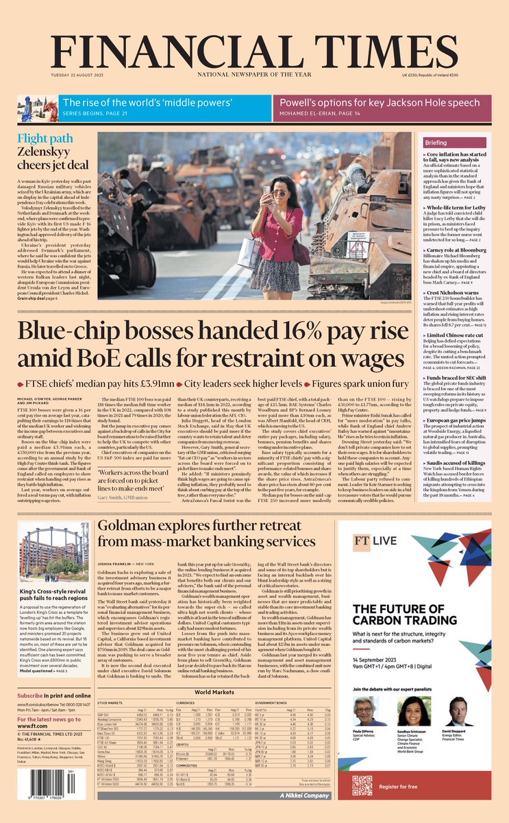 Tuesday's FT: Blue-chip bosses handed 16% pay rise amid BoE calls for restraint on wages #TomorrowsPapersToday #FinancialTimes #FT