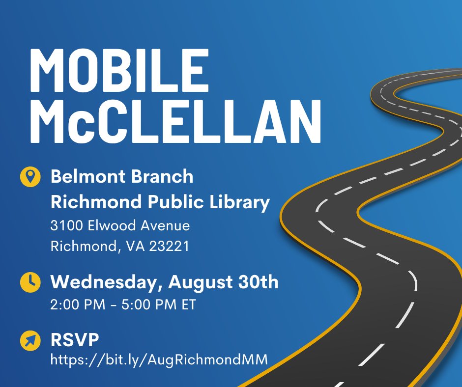 RepMcClellan's tweet photo. Are you experiencing an issue with a federal agency? Join my constituent services representatives for our next #MobileMcClellan at the Belmont Branch Libary in Richmond on August 30th from 2-5pm.
RSVP here. ➡️https://t.co/Ag3RGmyw3i https://t.co/D8DLdXBcGB