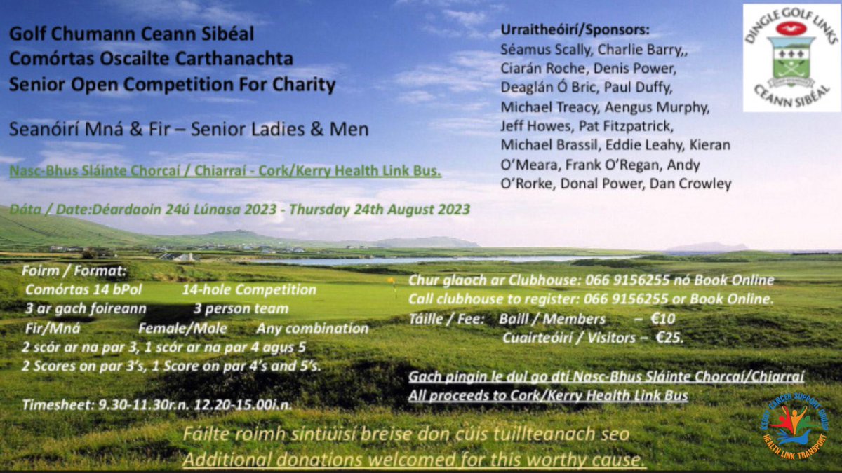 Kerry Cancer Support (@kerrycancer) on Twitter photo The Senior Open Competition for <a href="/KerryCancer/">Kerry Cancer Support</a> is on this Thursday in <a href="/CeannSibealGC/">Dingle Golf Links at Ceann Sibeal</a> We are as always very grateful to the organizers of this annual fundraising event. #Charitygolf #supportlocal The link to book and rules are here 👇
visitors.brsgolf.com/ceannsibeal#/c… The Senior Open Competition for <a href="/KerryCancer/">Kerry Cancer Support</a> is on this Thursday in <a href="/CeannSibealGC/">Dingle Golf Links at Ceann Sibeal</a> We are as always very grateful to the organizers of this annual fundraising event. #Charitygolf #supportlocal The link to book and rules are here 👇
visitors.brsgolf.com/ceannsibeal#/c…
