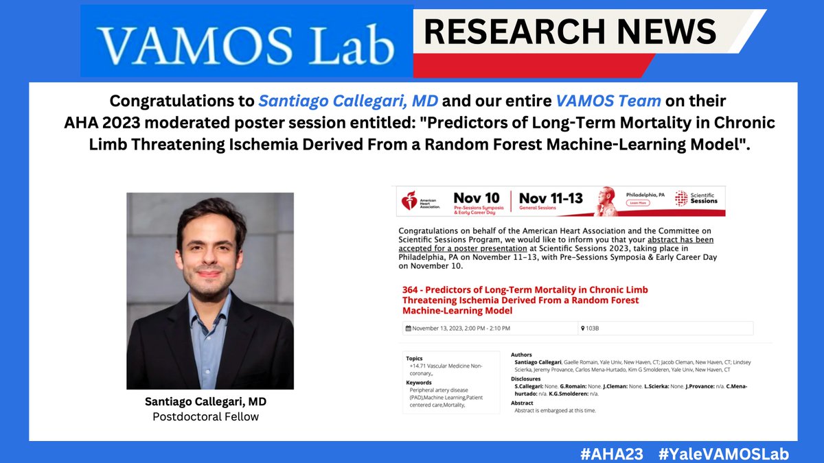 For this week's #AHA23 research feature, we would like to congratulate <a href="/YaleVAMOS/">YaleVAMOS</a> member Dr. Santiago Callegari <a href="/sacalle1/">Santiago Callegari</a> &amp; Team on their moderated poster session"Predictors of Long-Term Mortality in Chronic Limb Threatening Ischemia Derived From a Random Forest #ML Model"

🧵1/2