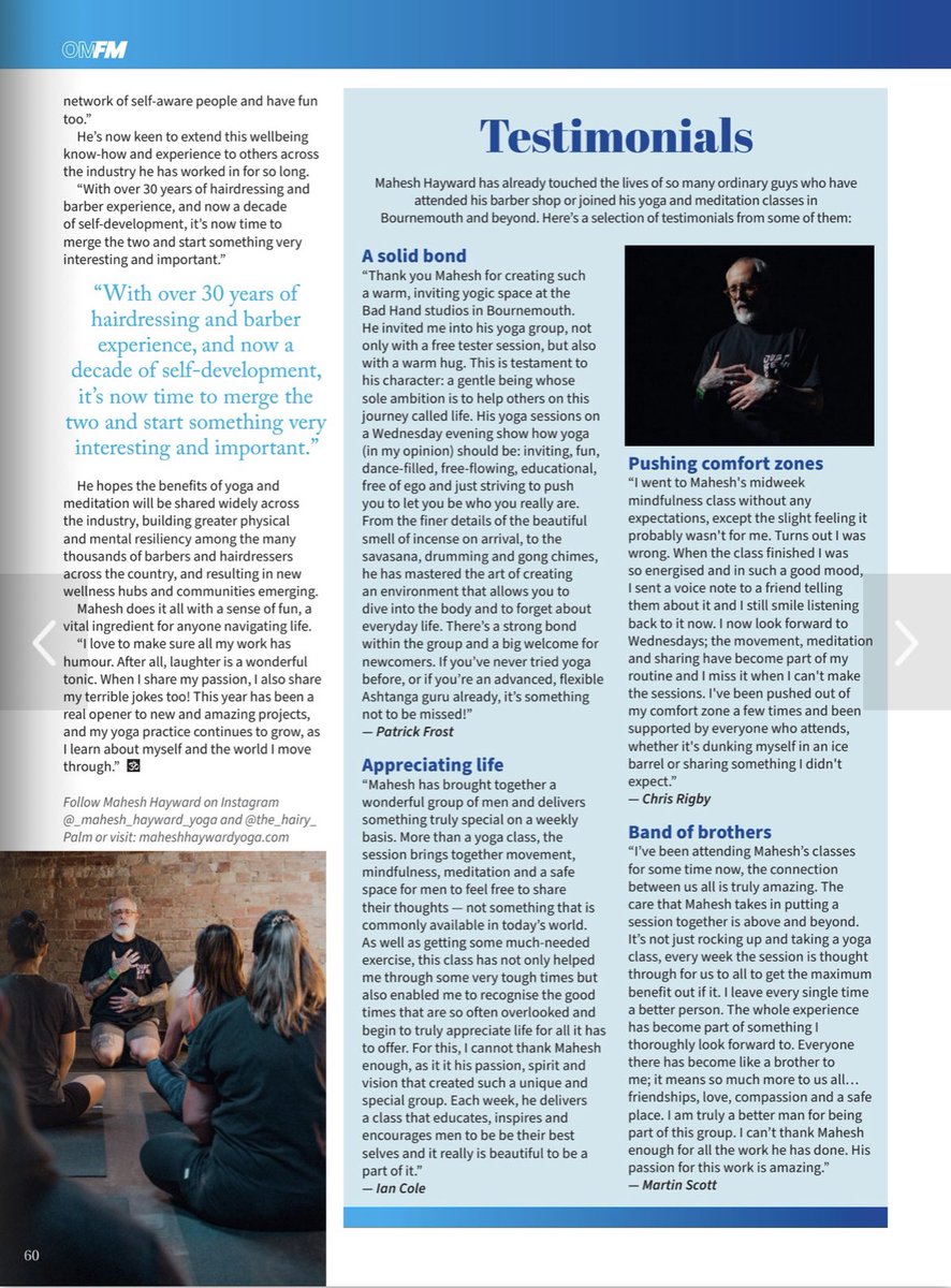 Darren Hayward Ⓥ (@maheshhayward) on Twitter photo <a href="/OMYogaMagazine/">omyogamagazine</a>
Such an honour to be featured in this fantastic magazine!
Men’s mental health is SO important to me, and now I’m looking to inspire & help everyone. <a href="/ProHairMag/">Professional Hairdresser Magazine</a> <a href="/TheSalonMag/">Salon Magazine</a> <a href="/MentalMovement/">Mental Movement Magazine</a> <a href="/OMYogaMagazine/">omyogamagazine</a>
Such an honour to be featured in this fantastic magazine!
Men’s mental health is SO important to me, and now I’m looking to inspire & help everyone. <a href="/ProHairMag/">Professional Hairdresser Magazine</a> <a href="/TheSalonMag/">Salon Magazine</a> <a href="/MentalMovement/">Mental Movement Magazine</a>