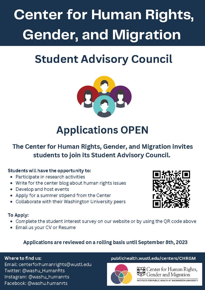 Attention WashU Students! Our center has opened up applications for this year's Student Advisory Council! Members will collaborate, work on human rights activities, & be eligible for a summer stipend. Visit our site to get more info & apply by Sept 8th: publichealth.wustl.edu/centers/CHRGM