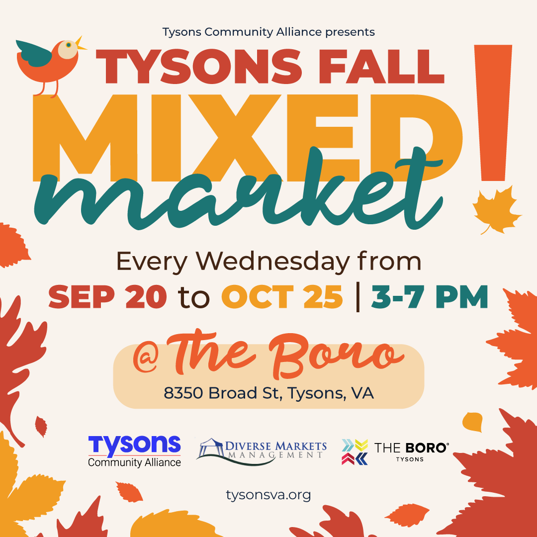 We’ve partnered with Diverse Markets Management and @TheBoroTysons to bring a fall market to Tysons! The Tysons Fall Mixed Market will run every Wednesday, Sept. 20-Oct. 25, from 3-7 pm. 📍The parking lot next to The Boro’s Sandlot More here: bit.ly/45upTgM