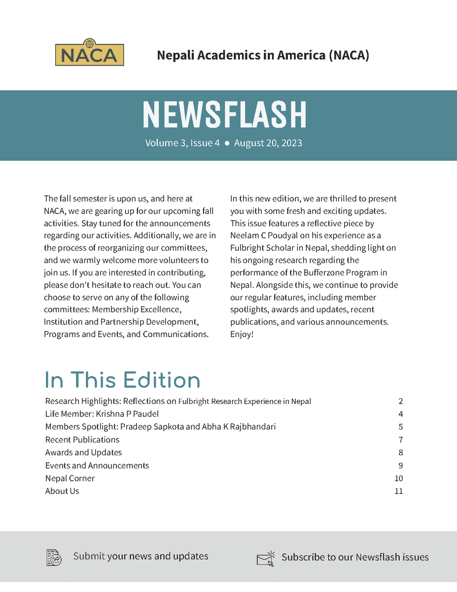The latest issue of NACA Newsflash is here: nepaliacademics.org/resources/Docu…
It covers a research highlights piece by @neelam_poudyal and the members spotlight on Krishna Paudel, Pradeep Sapkota, &amp; Abha K Rajbhandari, along with our regular features
#Nepaliacademics #NepaliInHigherEd