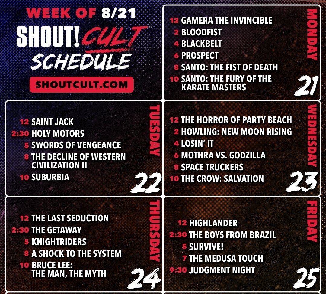 ryansmith1983's tweet photo. The @shout_cult live channel is so dope and mega underrated. Just look at the lineup this week! https://t.co/YqL9qujfjK