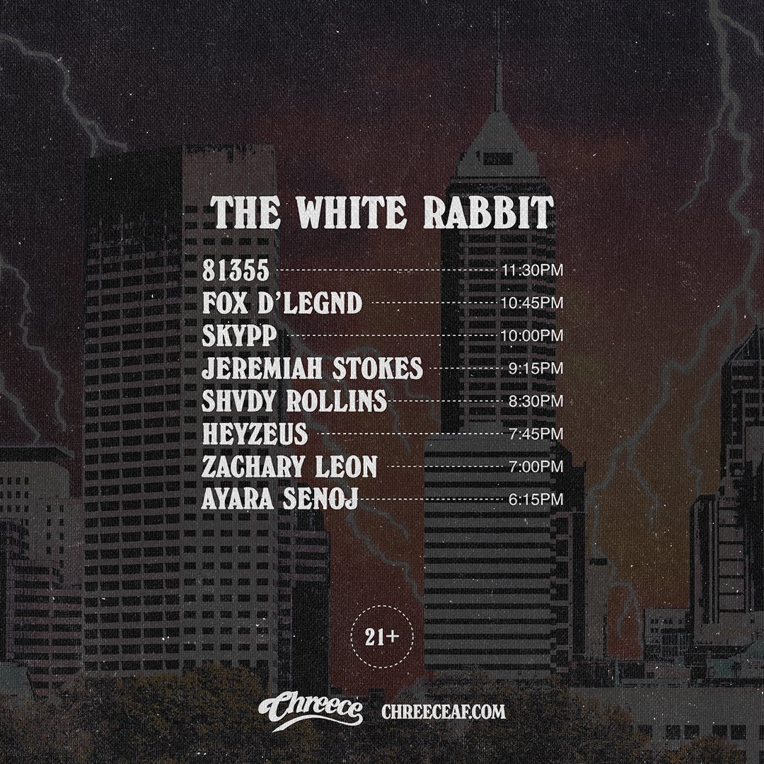Chreece (@chreeceaf) on Twitter photo 🚨 CHREECE SCHEDULE 🚨
📍<a href="/whiterabbitcab/">White Rabbit Cabaret</a>
<a href="/81355ing/">81355</a> <a href="/FOXDLEGND0/">FOXD'LEGND</a> <a href="/Skypp317/">SKYPP</a> <a href="/jeremiahstok3s/">N O B O D Y</a> <a href="/shvdy_rollins/">Shvdy Rollins</a> <a href="/heyzeusxx/">z</a> <a href="/ZacheryLeon/">Mack Zaddy Vader</a> <a href="/ayarasenoj/">Ayara Senoj</a>
🎟️chreeceaf.com🎟️ 🚨 CHREECE SCHEDULE 🚨
📍<a href="/whiterabbitcab/">White Rabbit Cabaret</a>
<a href="/81355ing/">81355</a> <a href="/FOXDLEGND0/">FOXD'LEGND</a> <a href="/Skypp317/">SKYPP</a> <a href="/jeremiahstok3s/">N O B O D Y</a> <a href="/shvdy_rollins/">Shvdy Rollins</a> <a href="/heyzeusxx/">z</a> <a href="/ZacheryLeon/">Mack Zaddy Vader</a> <a href="/ayarasenoj/">Ayara Senoj</a>
🎟️chreeceaf.com🎟️