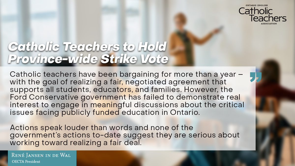 .@FordNation & @Sflecce show no real interest in working with #CatholicTeachers towards a fair deal that supports students, educators, & families – making a strike vote necessary. Statement👇 from @OECTAPrez René Jansen in de Wal. #onted #onpoli catholicteachers.ca/News-Events/Ne…