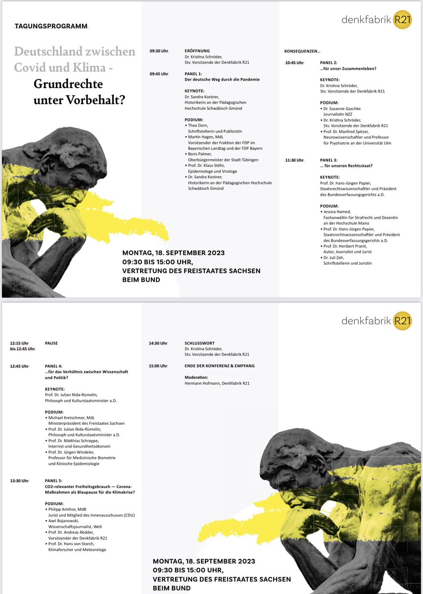 jeha2019's tweet photo. #Grundrechte #Freiheit

Ich freue mich schon sehr auf eine spannende Diskussion mit Hans-Jürgen Papier, Heribert Prantl und Juli Zeh über den Zustand und die Zukunft unseres freiheitlichen Rechtsstaats.

Angesichts multipler Krisen und vor allem der fehlenden Aufarbeitung der gravierendsten flächendeckenden Grundrechtseingriffe in der bundesdeutschen Geschichte steht zu befürchten, dass es erneut zu tiefgreifende (und rechtswidrigen) Freiheitsbeschränkungen kommen könnte.

Tabubrüche, die nicht aufgearbeitet werden, bringen evident eine Wiederholungsgefahr mit sich. 

In der Gesellschaft ist zudem durch drei Jahre Corona-Politik ein Gewöhnungseffekt („shifting baseline“) eingetreten, der es dem Staat einfach(er) macht, Akzeptanz für massive Maßnahmen, z.B. in Bezug auf das Thema Klima zu gewinnen. 

Es ist daher Sache der Gesellschaft, der Politik im Wege der öffentlichen Debatte Grenzen zu setzen und weiterhin auf eine wahrhafte Aufarbeitung der Corona-Krise zu insistieren. 

Die Maßnahmen gegen Kinder, Sterbende, #2G, Lockdowns usw., aber auch die fast nie enden wollende Maskenpflicht bedürfen einer multidisziplinären objektiven Betrachtung. 

Dabei sind ferner die defizitäre Streitkultur, groupthink, die Rolle der Medien usw zu beleuchten. 

Auch Entschuldigungen, die für den sozialen Zusammenhalt von großer Bedeutung sind, stehen noch aus.

Nach den Erfahrungen mit der Justiz während der Corona-Krise kann nicht angenommen werden, dass sie in naher Zukunft ein verlässliches Korrektiv darstellen wird. 

Insbesondere das @BVerfG hat leider dabei, notwendige #roteLinie|n zu setzen völlig versagt. 

Ein „Schwamm drüber“ kann es nicht geben. Denn dazu ist nicht nur der Rechtsstaat zu sehr verwundet worden. 

Danke @schroeder_k für die Einladung zu dieser interessanten Veranstaltung mit spannenden Gesprächspartner:innen.