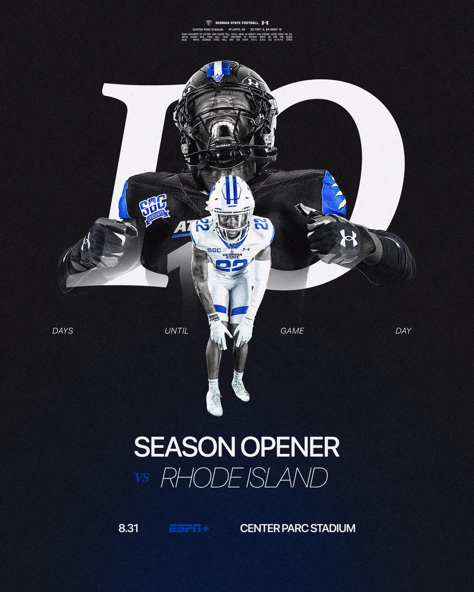 GeorgiaStateFB's tweet photo. 𝟏𝟎 𝐃𝐚𝐲𝐬 𝐑𝐞𝐦𝐚𝐢𝐧.

🎟️: https://t.co/ls52FqKxv5

#LightItBlue | #SoundTheHorn https://t.co/lZFqGF3MgX