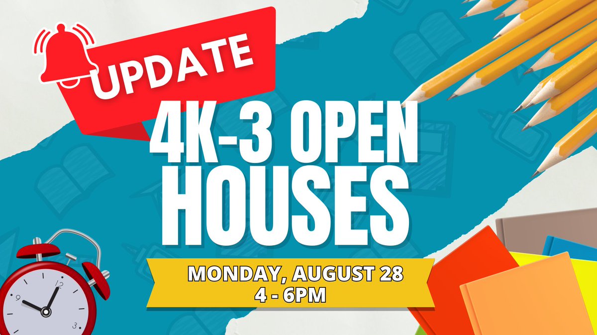 Due to the forecasted extreme heat advisory, we are moving our 4K-3 Open Houses to Mon, Aug 28. Schools will be open to families from 4pm-6pm.

This schedule change applies only to open houses at Consolidated, Harmony, Milton East and Milton West.