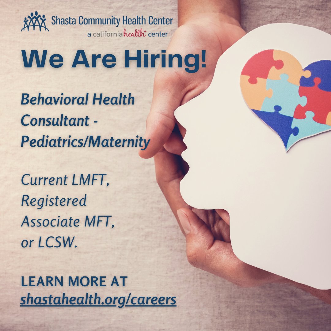 We are looking for a qualified Behavioral Health Consultant for our Pediatrics and Maternity departments. Learn more and apply at shastahealth.org/careers. 
#healthcarecareers #jobseeker #behavioralhealth #lcsw #lmft