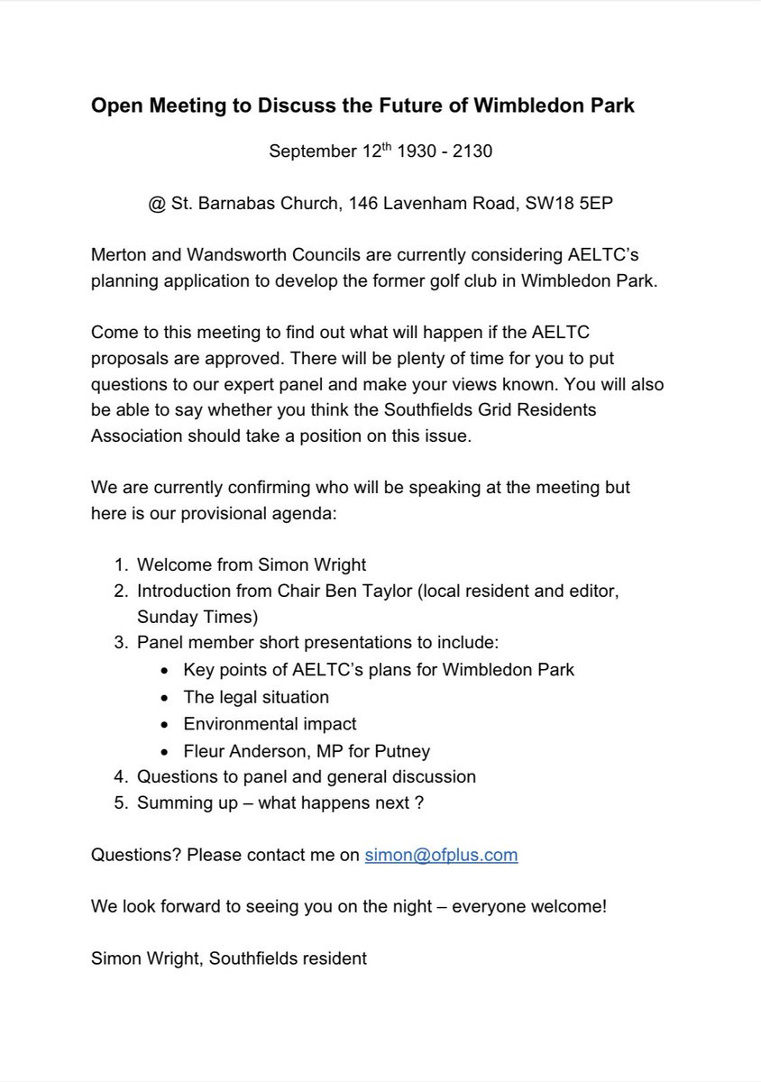 Public meeting 12 September, 19:30 to 21:30, to discuss the future of #WimbledonPark. 
St Barnabus Church, 146 Lavenham Road. SW18 5EP.
<a href="/PutneyFleur/">Fleur Anderson MP</a> and others (TBA) will be speaking and forming a panel for discussion.
nextdoor.co.uk/p/XC6PWZm5wHwZ…