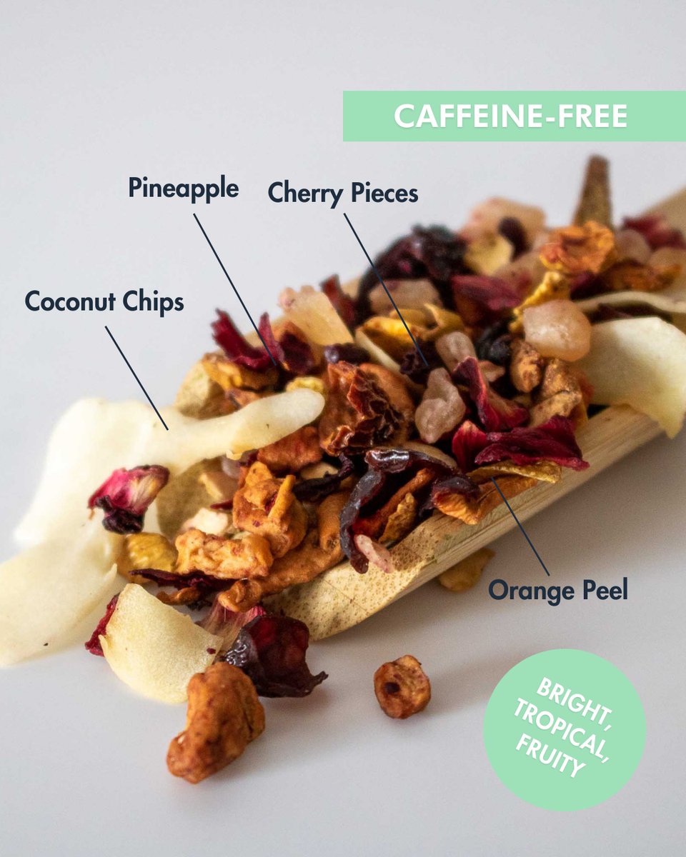 Brunch is a state of mind, amiright? This cocktail-inspired, tropical herbal tea is sweet, tart, &amp; full of vibrant fruits.🍹⁠
⁠
🍍 Pineapple Cubes⁠
🍊 Orange Peel⁠
🥥 Coconut Chips⁠
🍒 Cherry Pieces⁠
⁠
 ✨She's caffeine-free so bottomless mimosas for all! 🥂