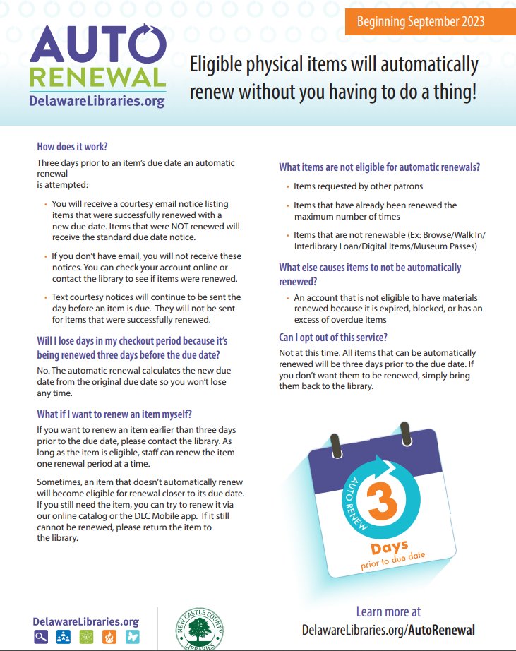 AppoLibrary's tweet image. Starting September 2023 #DelawareLibraries introduces Auto Renewal! Eligible physical items will automatically renew without you having to do a thing! Learn more at delawarelibraries.org/autorenewal