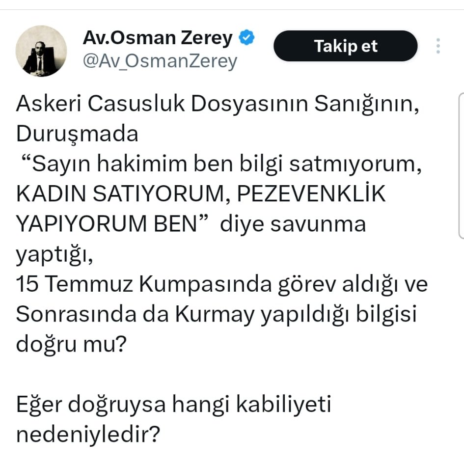 'Pezevenkliğe' meraklı Osman Zerey, Mustafa Özcan denen FETÖ'cünün avukatı. Mustafa Özcan'dan öğrendiği FETÖ taktiklerini uyguluyor.