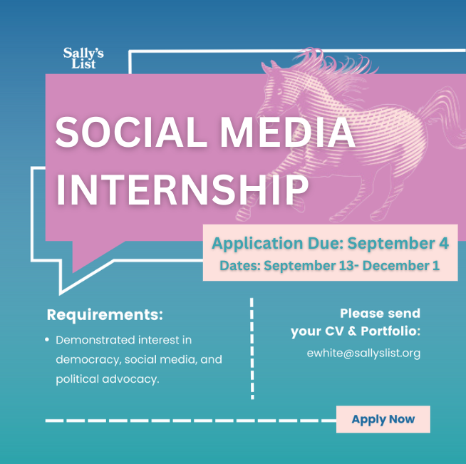 SallysList's tweet photo. Sally's List is looking for Social Media Interns! If you're interested in progressive politics, building a first-rate professional network &amp; portfolio, and helping us get more women elected in OK- please consider applying! #progressivesforok #electwomen #internship #socialmedia https://t.co/u7jCbgSmRa