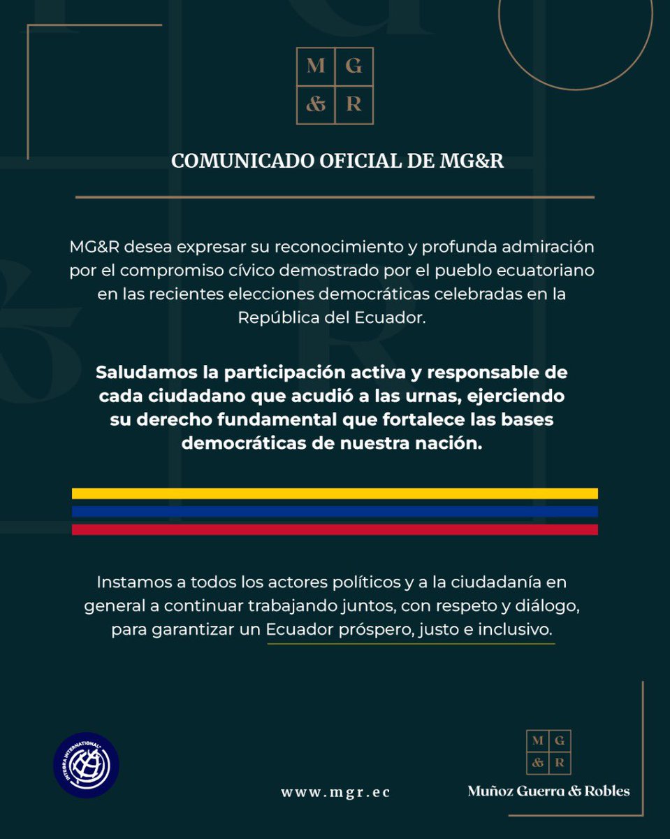 En Muñoz Guerra & Robles - MGR — Comunicado Oficial MG&R
#MGR #AbogadosEcuador #Derecho #firmalegal #sociosestratégicos #misión #visión #valores