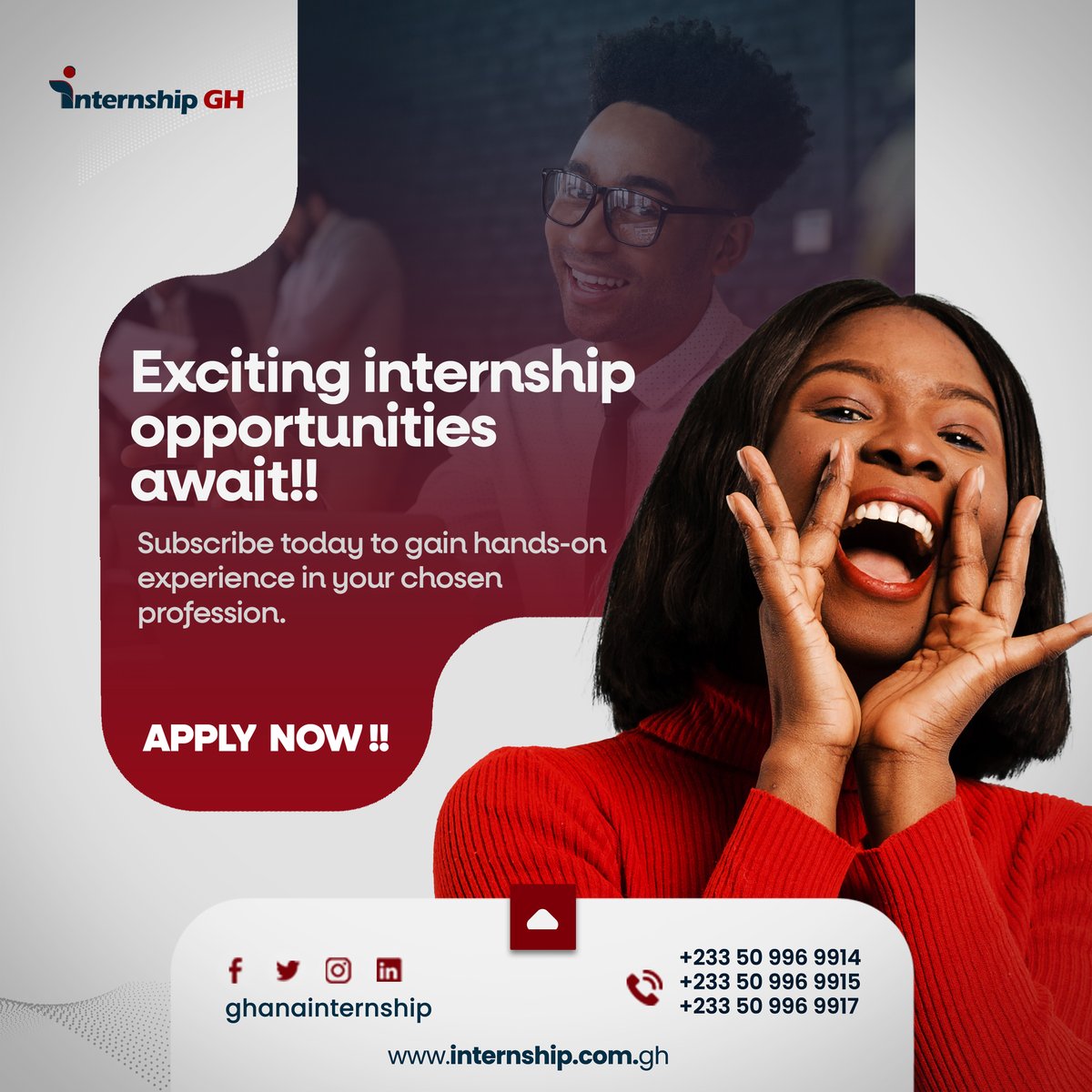 GhanaInternship's tweet photo. Ready to seize the spotlight? Imagine diving into real-world projects, learning from industry experts, and building connections that last a lifetime.

APPLY NOW 👇👇👇
https://t.co/bb0ILZ6IZs

#InternshipAdventure #RiseAndIntern #PassionToProfession #SuccessStartsHere https://t.co/DWOI89WdDE