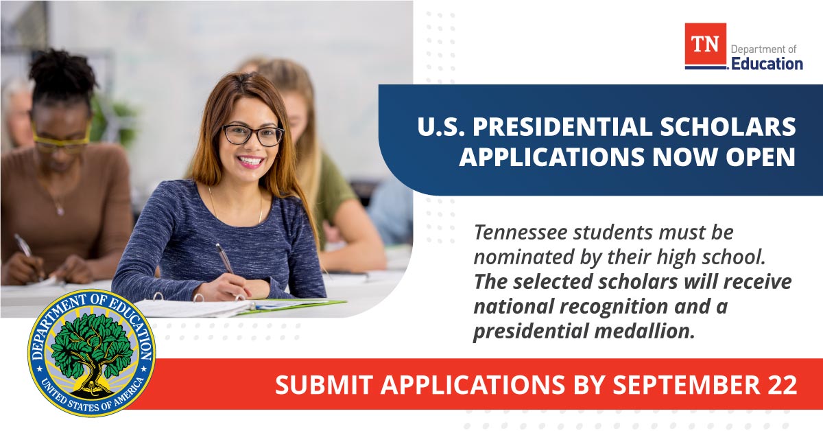Qualifying high school seniors can now be nominated by their high school for the 2024 United States Presidential Scholars Program. The TN application deadline is 9/22/23. Additional info can be found here: ow.ly/wjjM50PBAsl