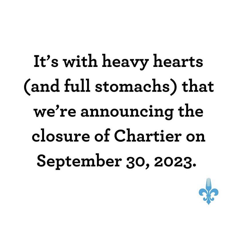 staceybrotzel's tweet photo. Beaumont’s home grown restaurant Chartier announced it is closing. Last day is September 30th. #yeg #yegfood https://t.co/4PbihteMis