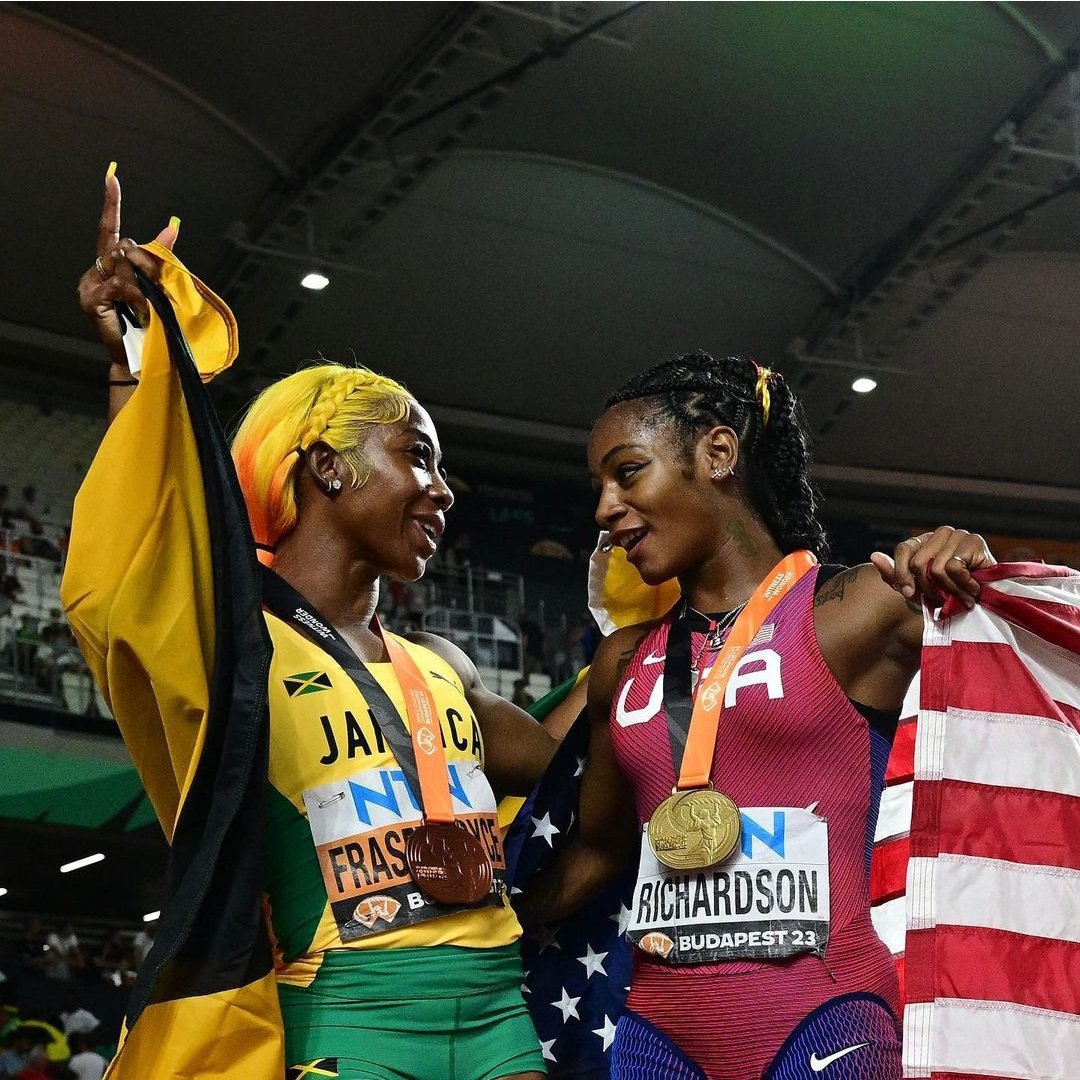 Abie_wafula's tweet photo. Two Queens...Sha'Carri Richardson and Shelly-Anne Fraser-Pryce share a light moment after women's 100m final. Richardson won while Fraser-Pryce finished third. 
#ShaCarri #ShellyAnne #Budapest2023 

📸World Athletics https://t.co/fqRqprnIKd