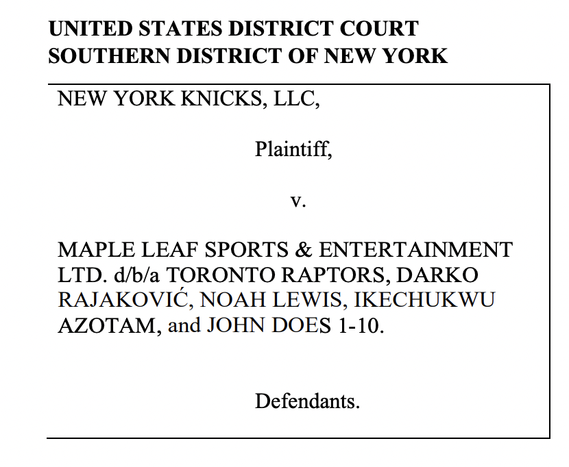 MikeVorkunov's tweet photo. Knicks have sued MLSE, the Raptors and their new head coach, alleging a former NYK video coordinator stole "proprietary information", and Djarko Rajaković "recruited and used" the ex-Knicks employee to be "a mole" within the Knicks. Raptors deny the claims https://t.co/hXNe0TLFOh https://t.co/NGLUgkMNAb