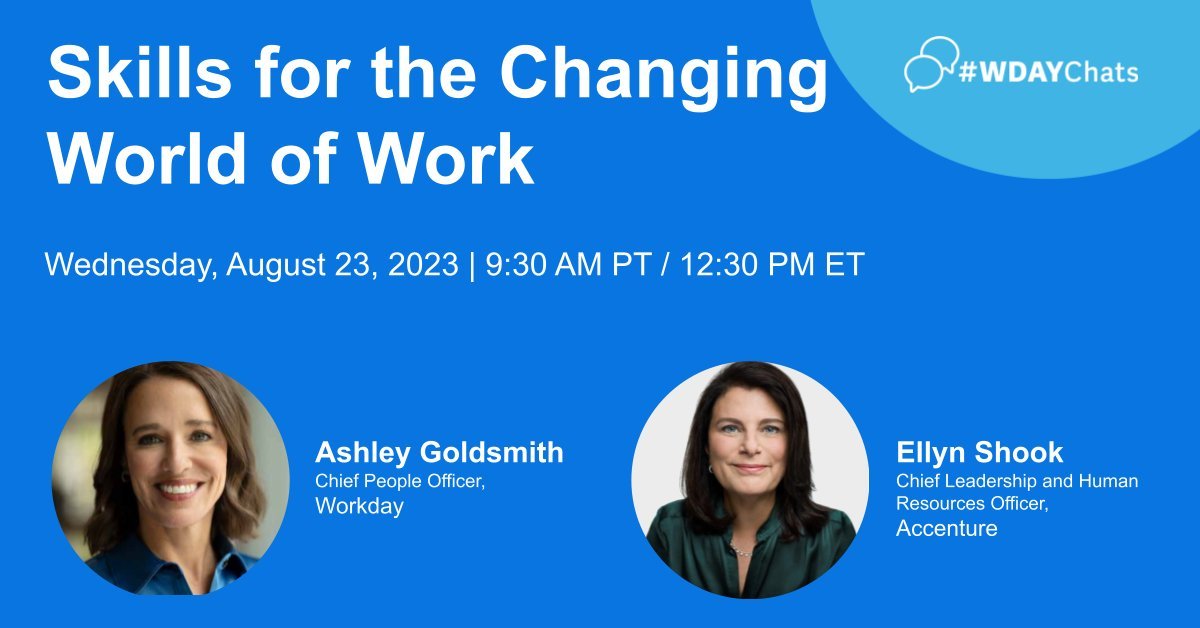 Which #skills will be most critical to thrive in the #FutureOfWork? 

Join us for our next #WDAYChats on August 23rd as @Accenture's @EllynJShook1 and our own Ashley Goldsmith share perspectives. #TeamWDAY bit.ly/44jQWKB