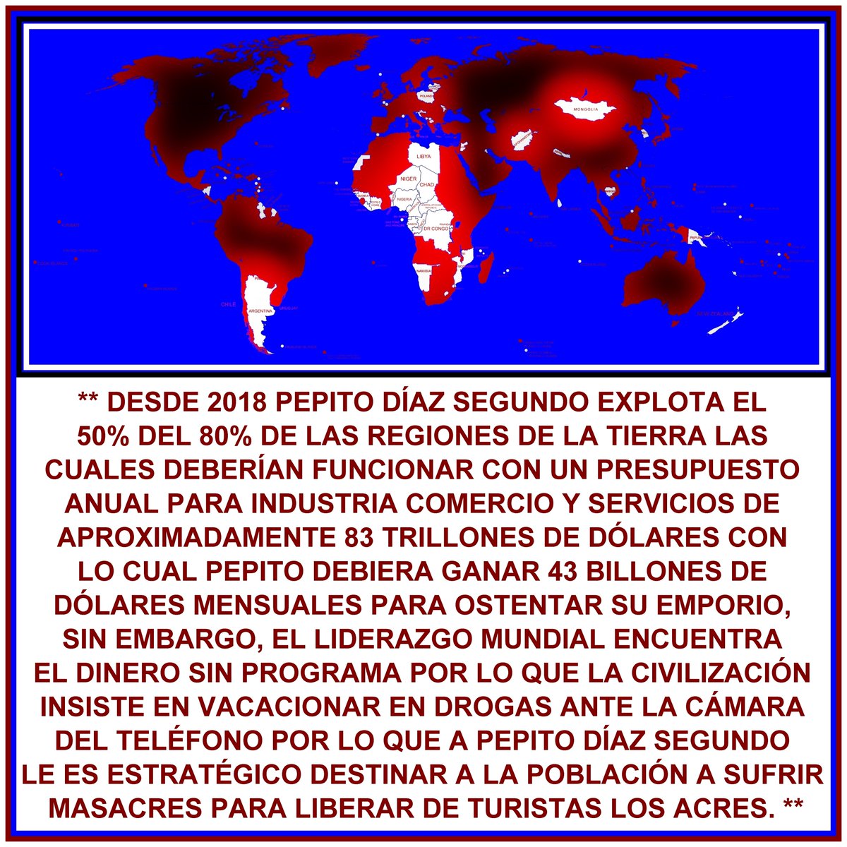 XcutN's tweet photo. * *  EL LIDERAZGO MUNDIAL ENCUENTRA
EL DINERO SIN PROGRAMA POR LO QUE LA CIVILIZACIÓN INSISTE EN VACACIONAR EN DROGAS ANTE LA CÁMARA DEL TELÉFONO POR LO QUE A PEPITO DÍAZ SEGUNDO LE ES ESTRATÉGICO DESTINAR A LA POBLACIÓN A SUFRIR MASACRES PARA LIBERAR DE TURISTAS LOS ACRES.  * * https://t.co/yRN5MBYu3h